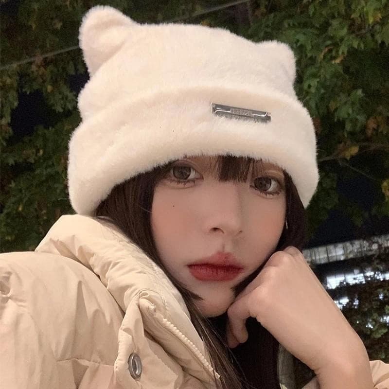 Coreia Bonito Orelhas De Gato Malha Boné Outono E Inverno Quente Imitação Vison Cabelo Pulôver Chapéus Feminino Padrão O