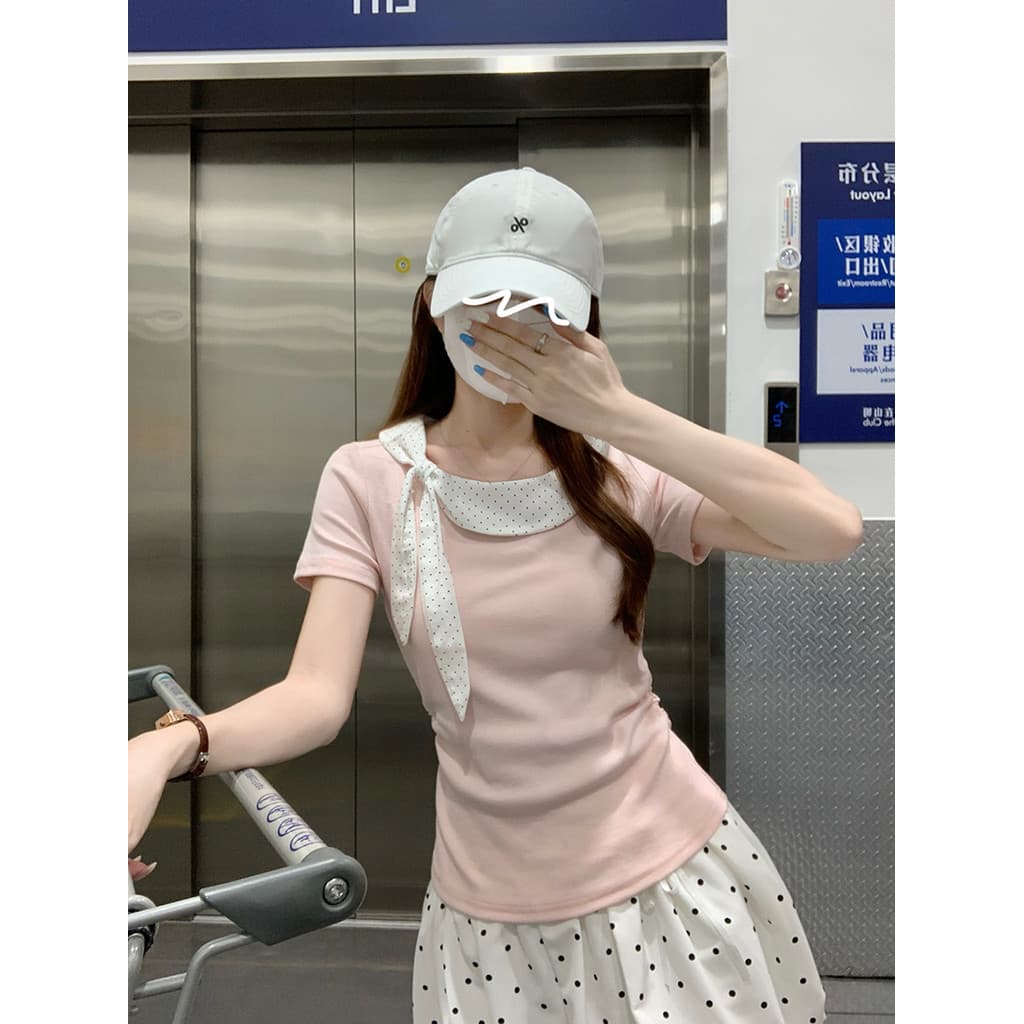 250g camiseta de manga curta feminina verão novo estilo Slim Fit bolinhas