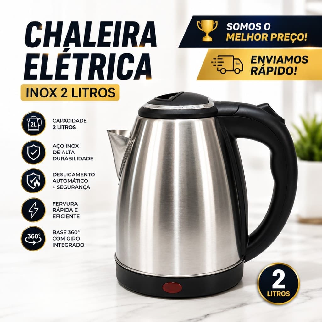 Aquecimento Rápido Chaleira Elétrica Inox 2 Litros Água Quente Café Chá Desligamento Automático