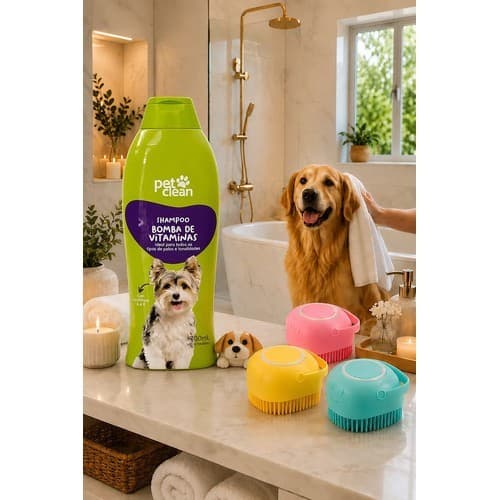 Shampoo Pet 700ml Bomba De Vitaminas + Escova Dispenser Bomba De Vitaminas Shampoo E Condicionador