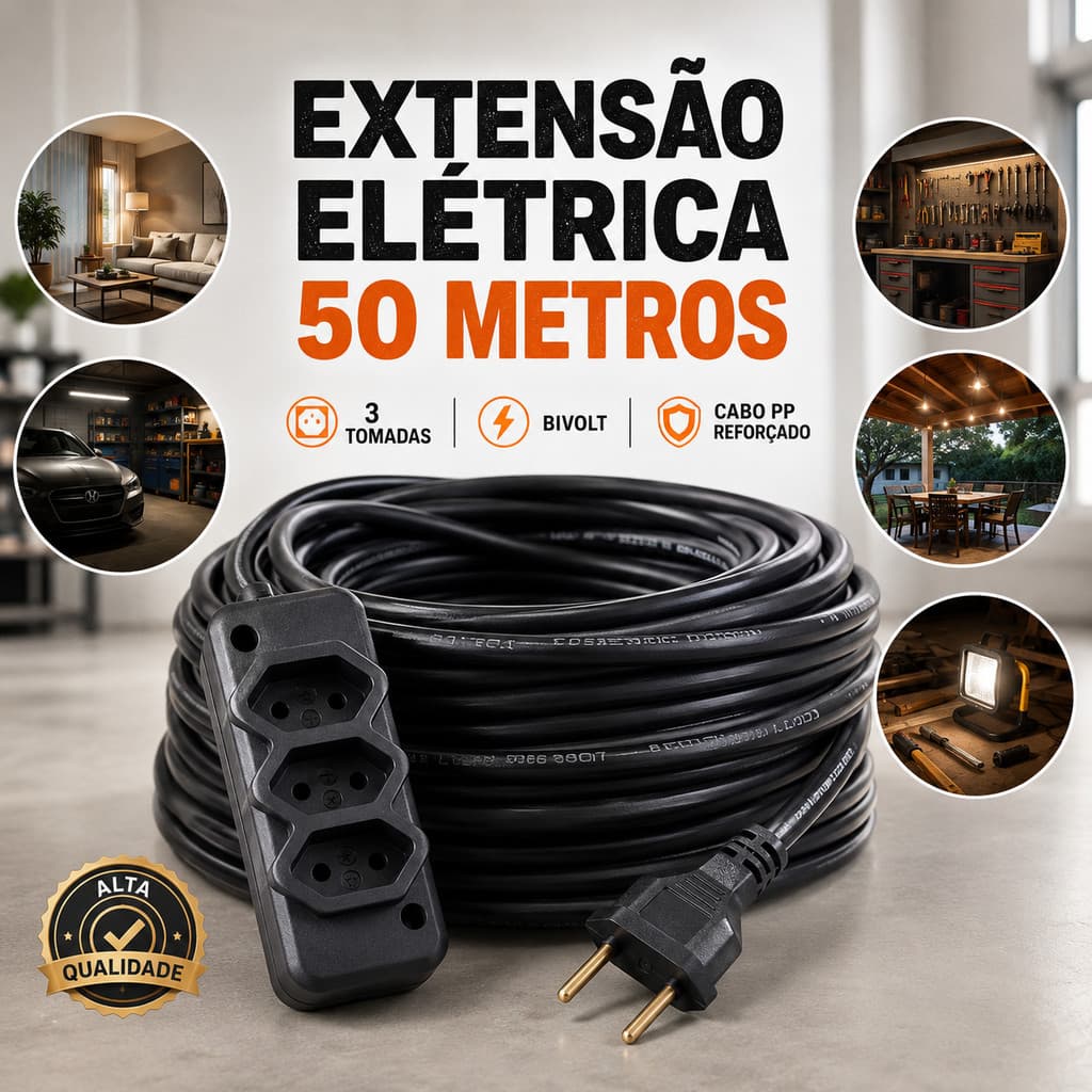 Extensão Elétrica 50 Metros Cabo PP Reforçado 3 Tomadas 10A/20A Bivolt Preta Multiuso