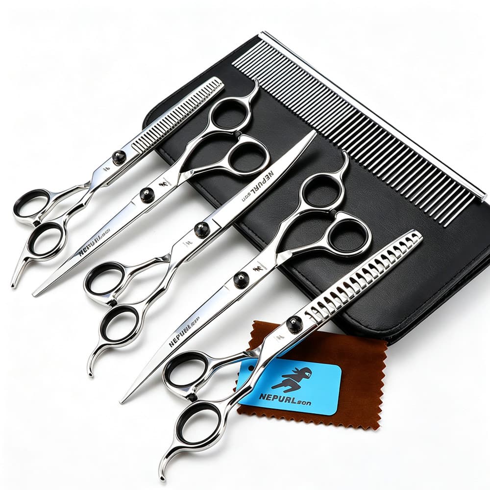 Kit Tesoura Cabeleireiro Profissional 7 Polegadas Reta Curva Desfiadora Fina E Peixe Com Pente Estojo Para Salão