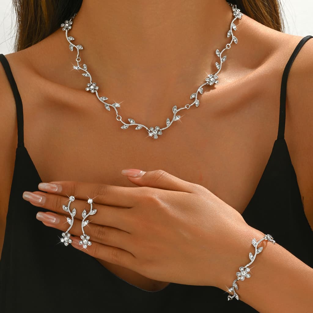 Joias femininas de três peças, incluindo colares, brincos e pulseiras, Material é prata 925. Ramos de flores Solicitaçõe
