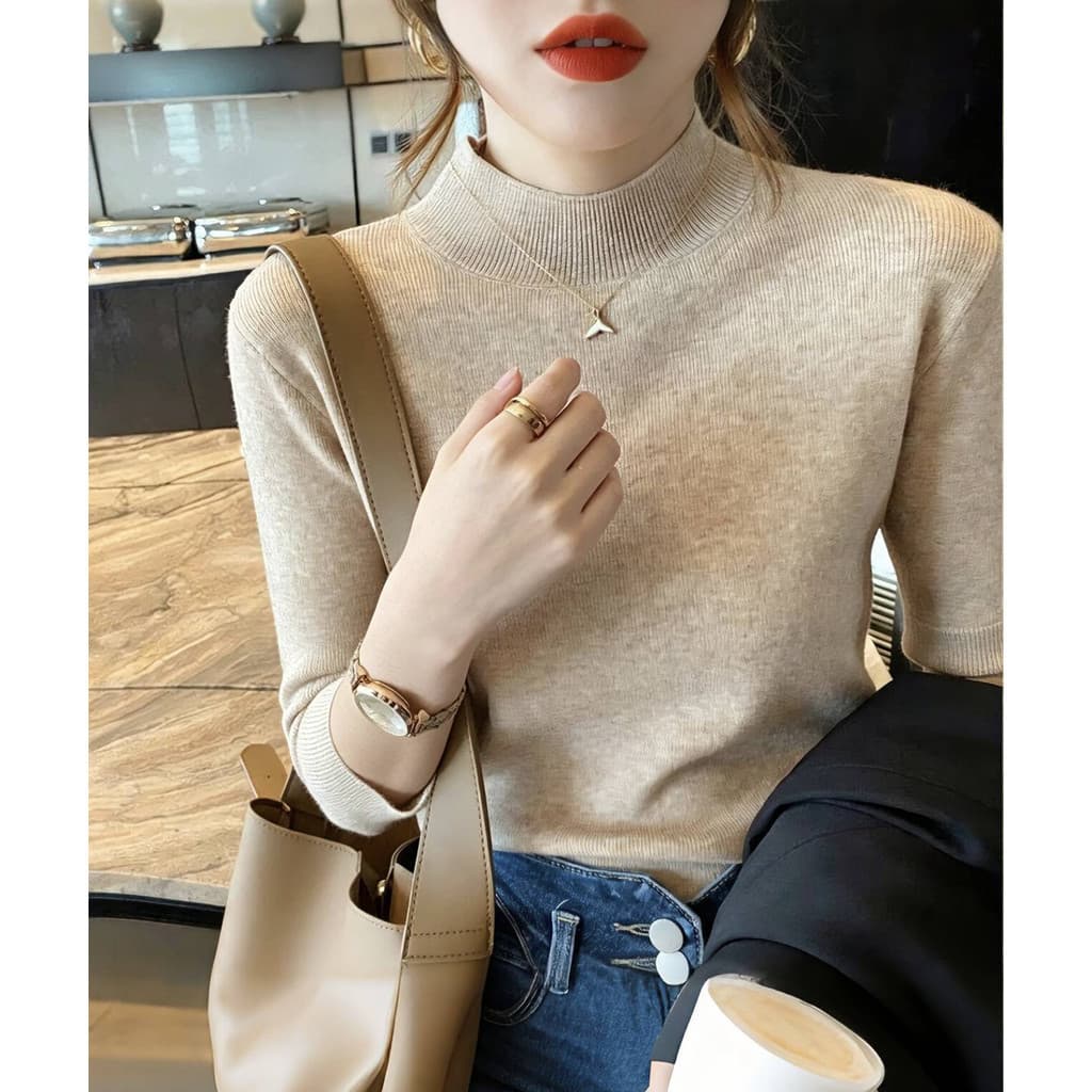 Suéter feminino novo e estiloso com gola média, mais ajustado, visual jovial, top curto, cáqui 2601