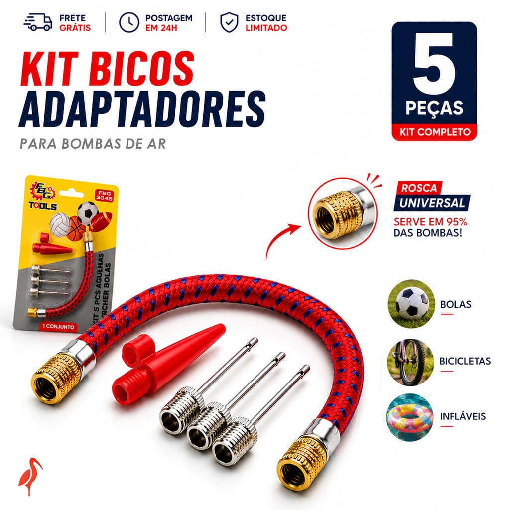 Kit 5x Bicos para Bomba de Ar com Mangueira e Agulhas Encher Bolas Boias Infláveis Envio Imediato