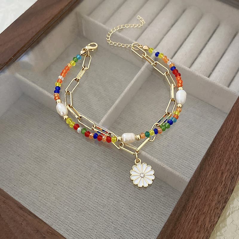[Estoque pronto] Pulseira de corda multicolorida flor margarida dupla camada ajustável colorida pulseira de contas femin