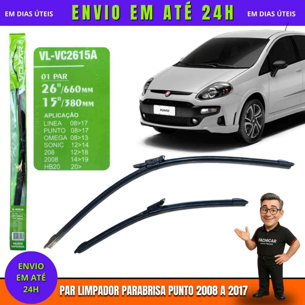 Par Palheta limpador Parabrisa Fiat Punto 2008 2009 2010 2011 A 2017