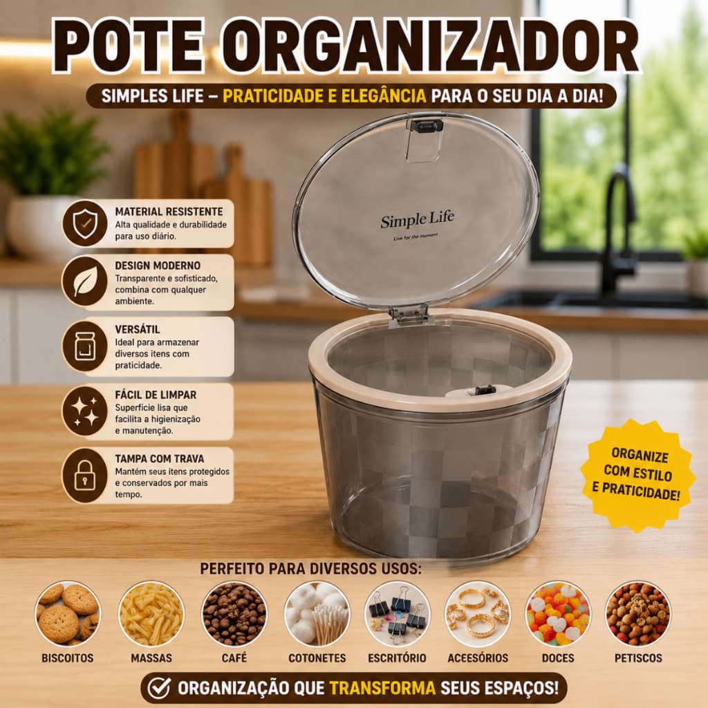 Pote Organizador Multiuso 1,3L com Tampa Transparente e Trava Porta Mantimentos Cozinha Banheiro Escritório Alta Qualida