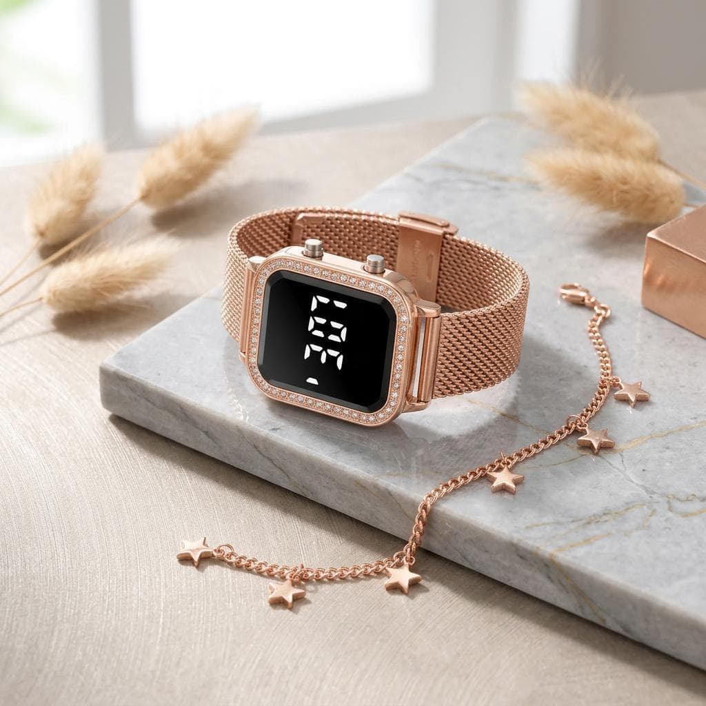 Relógio Feminino Digital de Luxo com Strass + Pulseira Dourada Elegante