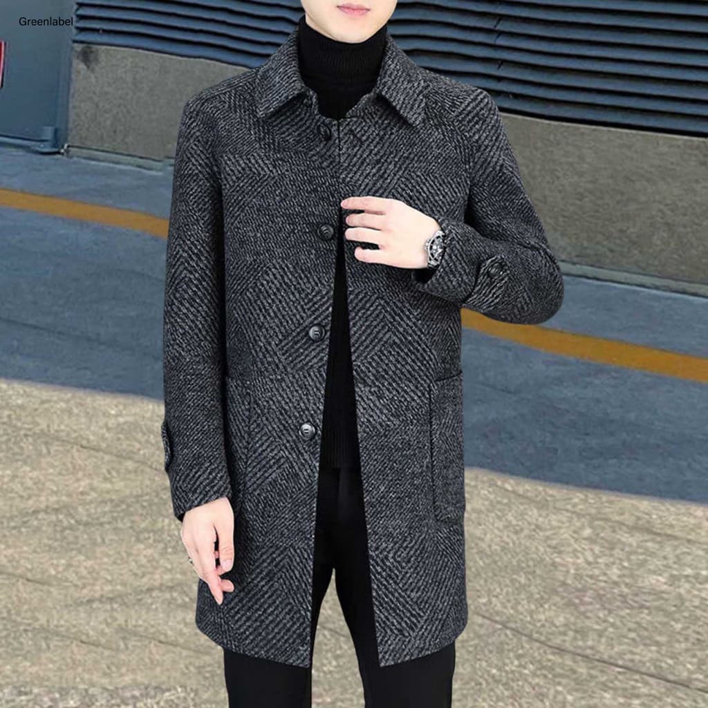 Men Woolen Coat Wool Men's Overcoat with Lapel Single-breasted Mid-length Long Sleeve Casual Jacket Pockets – Stylish