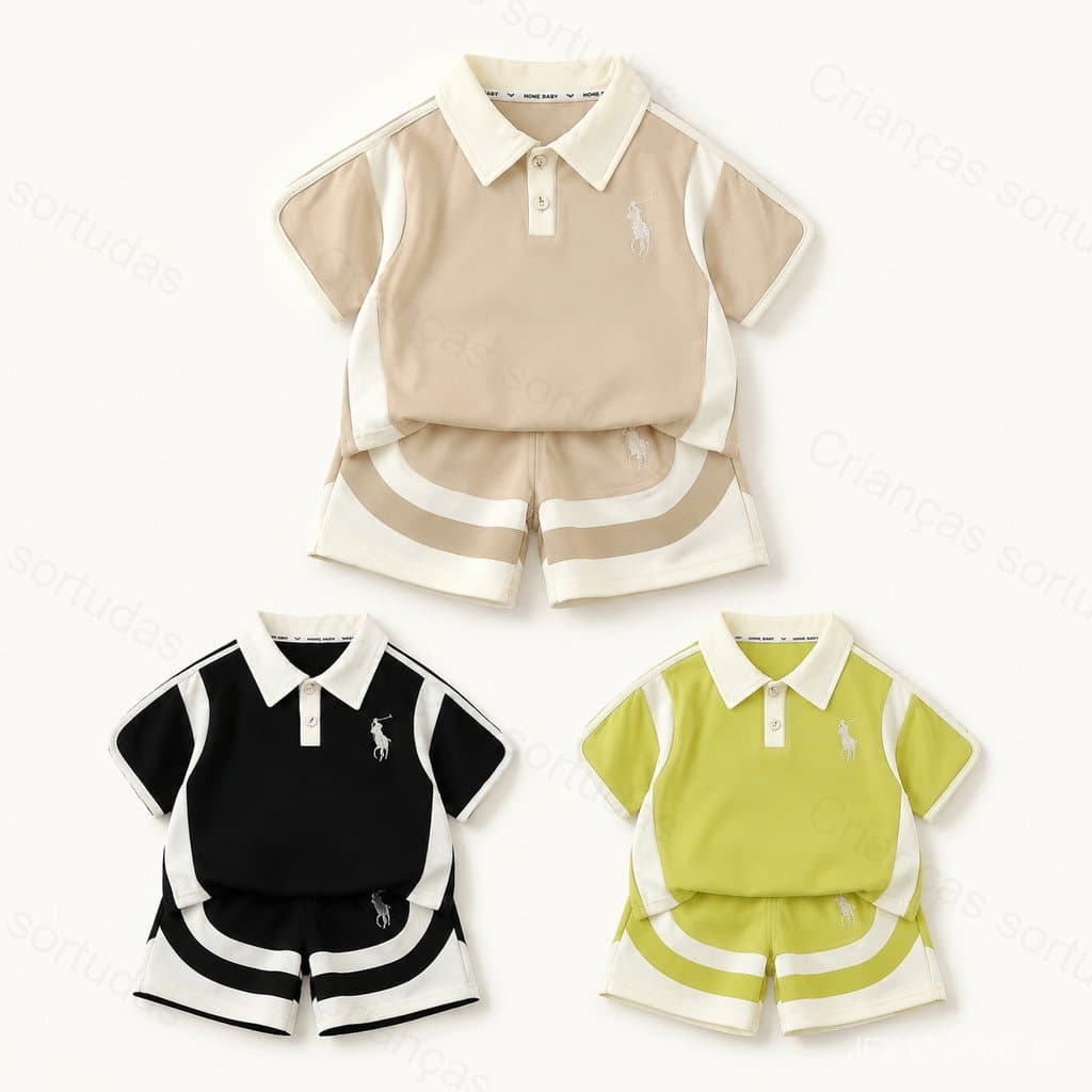 Roupa Infantil Conjunto de Verão para Meninos com Gola Reversível, Manga Curta e Calções Casuais em Duas Peças