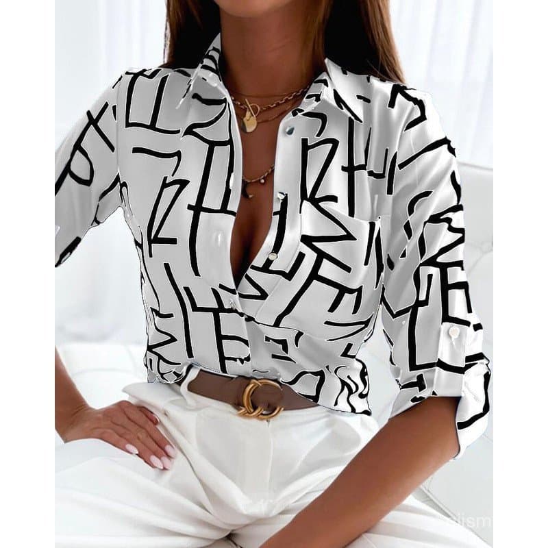 Blusa Feminina de Manga Longa com Estampa Floral e Listras, Camisa Feminina, Moda Outono 2023