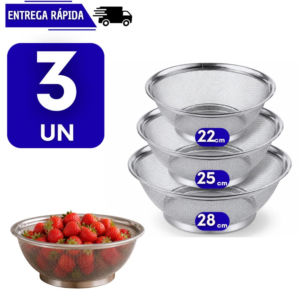 Kit 3 Cesto Peneira Escorredor em Aço Inox Cozinha Massa Fritura Legumes Frutas Fruteira Escorrer Arroz Resistente
