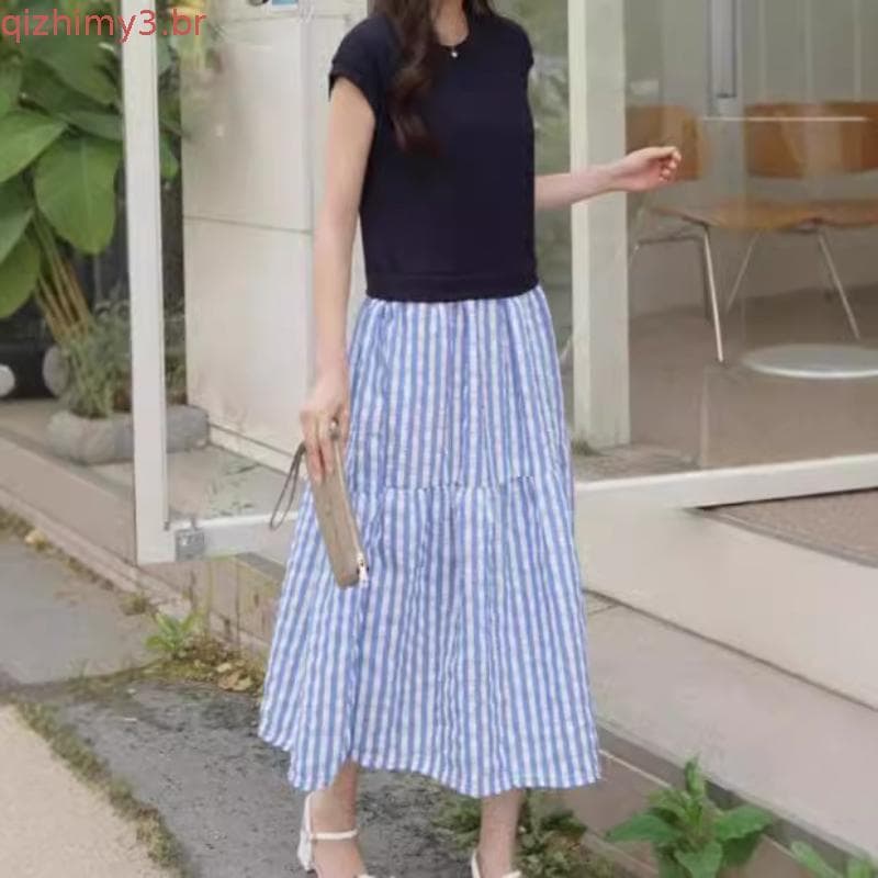 Plus Size feminino verão versão coreana malha em torno do pescoço sem mangas cseta costura listrado falso vestido de