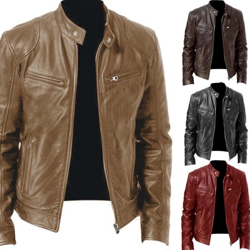 Jaqueta de Couro PU Masculina para Negócios de Inverno com Zíper, Decoração de Bolso e Estilo Cardigã