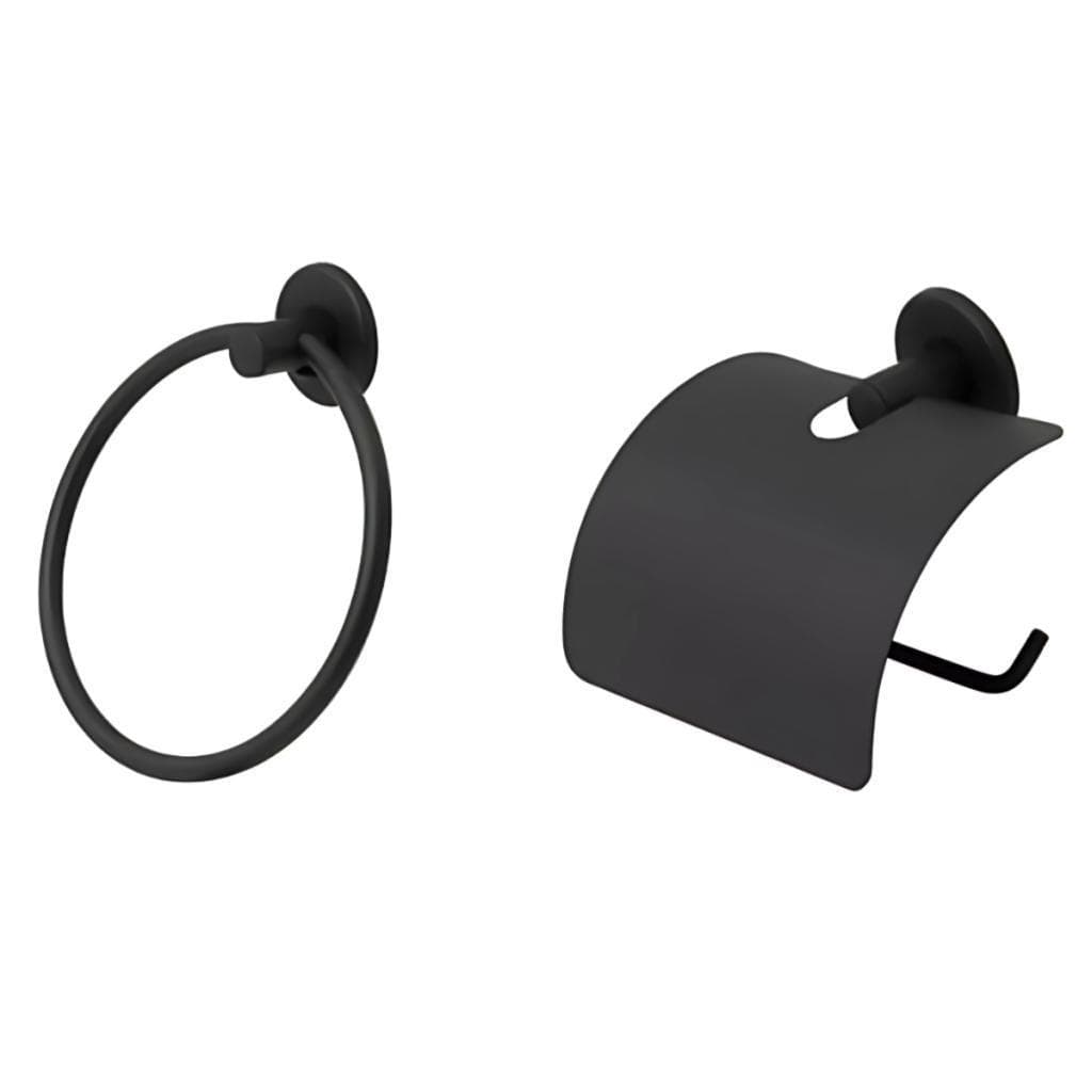 Kit Acessórios Para Banheiro Aço Inox 02 Peças Preto com Porta Toalha Argola e Porta Papel Higiênico