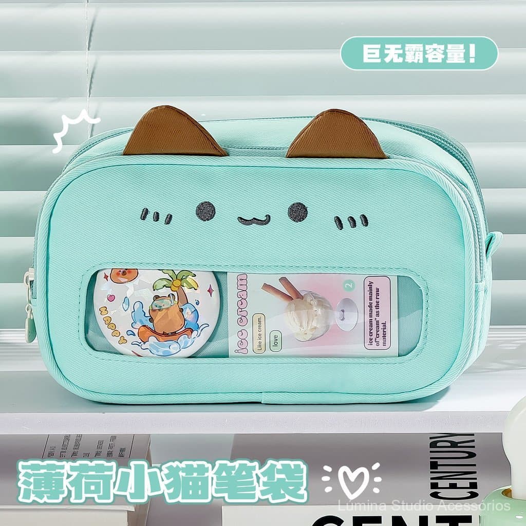Estojo de Lápis Fofo de Gatinho Verde-Menta com Orelhas de Gato 3D, Transparente e de Grande Capacidade, para Material E