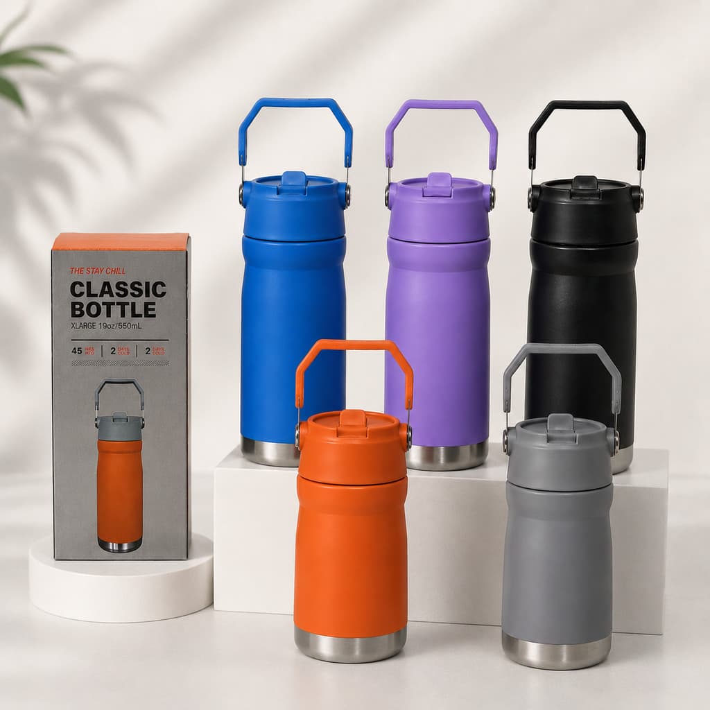 Garrafa Térmica Aço inox 550ml Parede Dupla com Canudo Flip Alça Portátil BOM