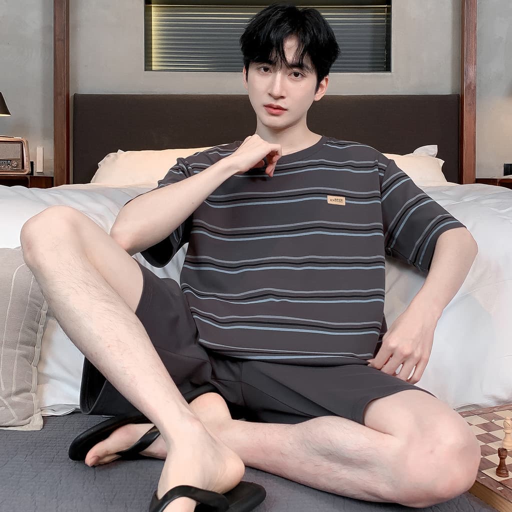 Pijamas de algodão puro masculino de verão legal pijamas masculinos verão simples cor sólida masculino de manga curta Lo