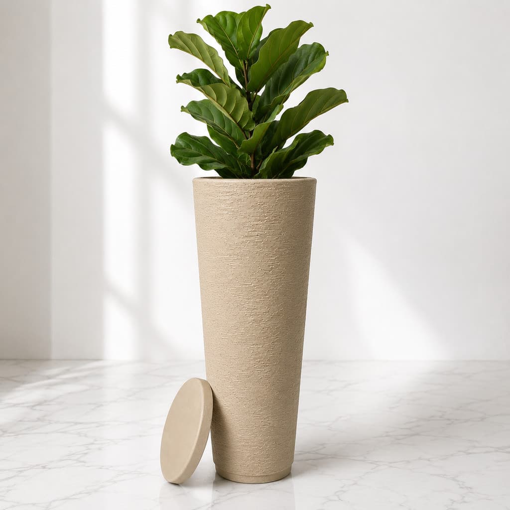 Vaso para Plantas Coluna Ibiza Alto Grande 72cm Escovado com Prato Coletor Luxo Polietileno