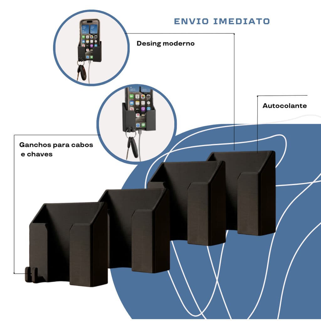 Kit 1/3/4 Pcs Suporte de Parede Plástico Autocolante Multiuso para Celular com Ganchos