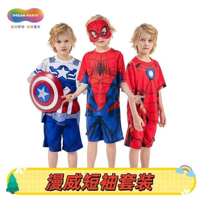 [Marvel] Homem-Aranha Verão Capitão América Com Capuz Camiseta de Manga Curta Terno Esportivo Homem de Ferro Masculino V