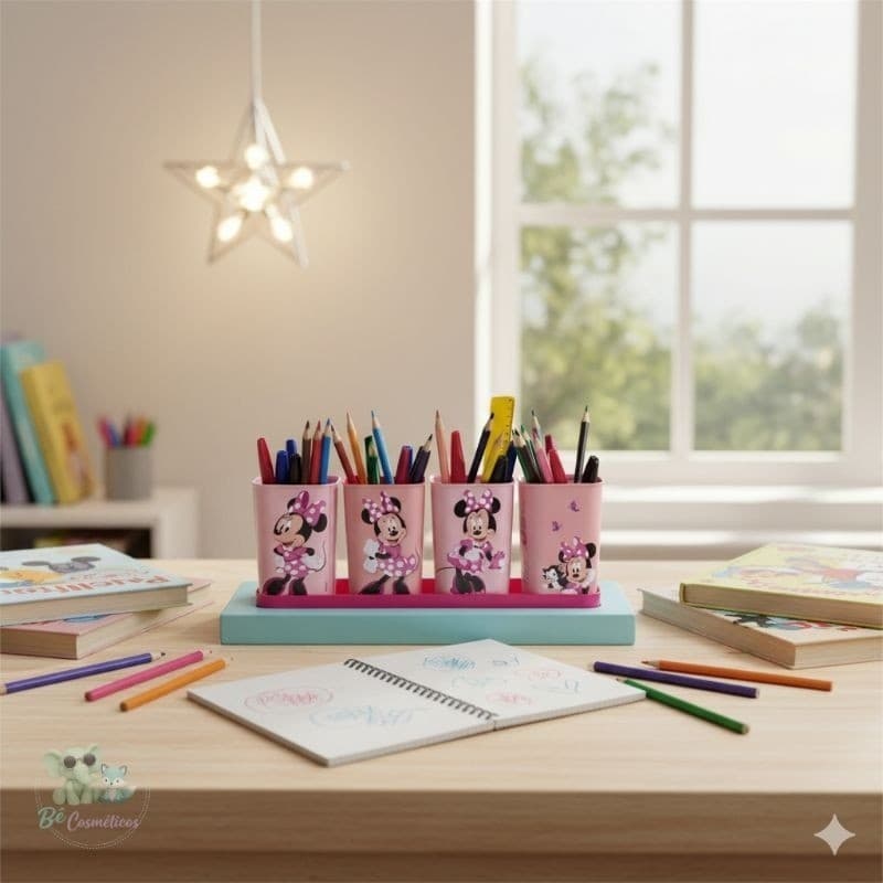 Plasútil Porta Lápis Canetas Objetos Kit Organizador de Mesa Escrivaninha Infantil Minnie