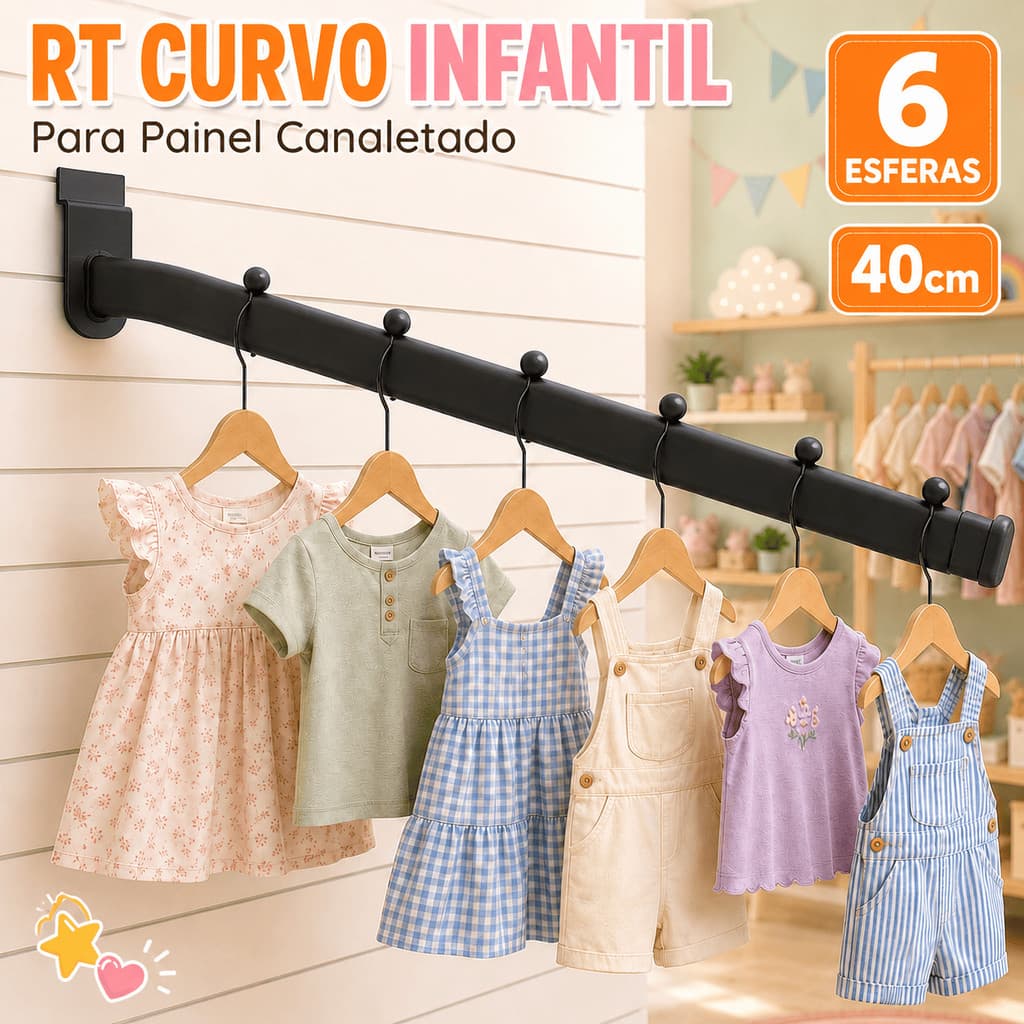 Kit Cabideiro Rt Curvo 40cm Painel Canaletado Com Esferas Suporte Cabide Reforçado Para Loja
