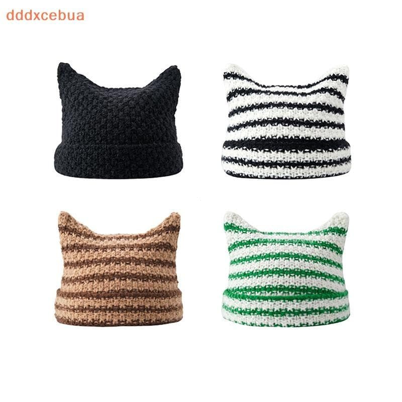 [dddxcebua] Gorro De Orelha De Gato Fofo Chapéus De Crochê Para Mulheres Meninas Malha Y2K Listrado Inverno Quente Solto