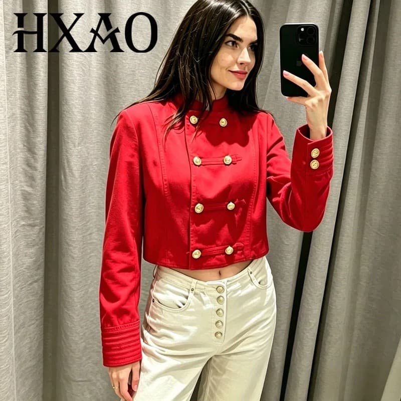 Jaqueta Curta Feminina HXAO, Casaco Vermelho, Blazer de Manga Longa com Botões, Casaco Curto Casual para Meia-Estação