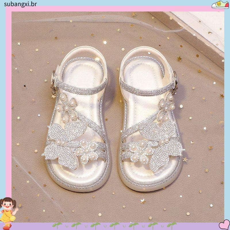 Meninas princesa sandálias de sola macia antiderrapante 20 26 estilo verão médio grande crianças strass pérola borboleta