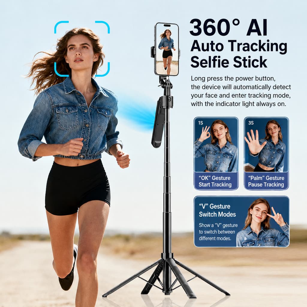 1.8m 360°AI Face Tracking Selfie Stick Tripé Gimbal giratório automático Suporte para telefone móvel Rastreamento inteli