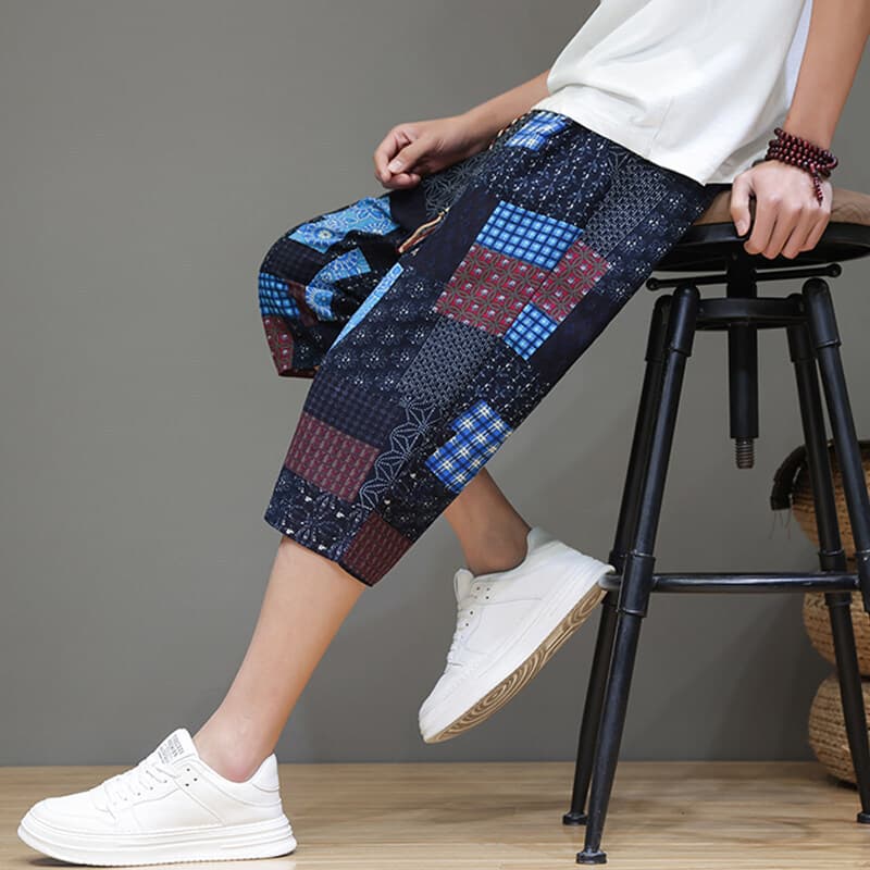 Shorts Casuais Estilo Masculino Calças Cortadas De Praia Estampados Finos Chinês Retrô Algodão E Linho Retas De 7 Pontos