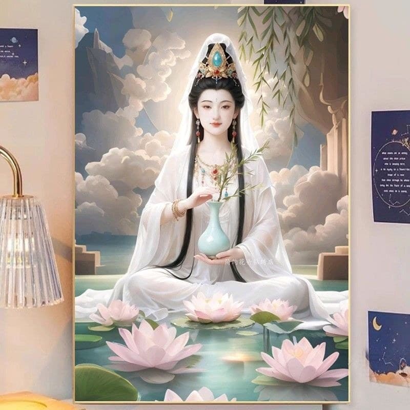 Branco avaliokitesvara ponto cruz seguro buda Hall avalokitesvara Bodhisattva estátua de buda sala estar entrada bordado