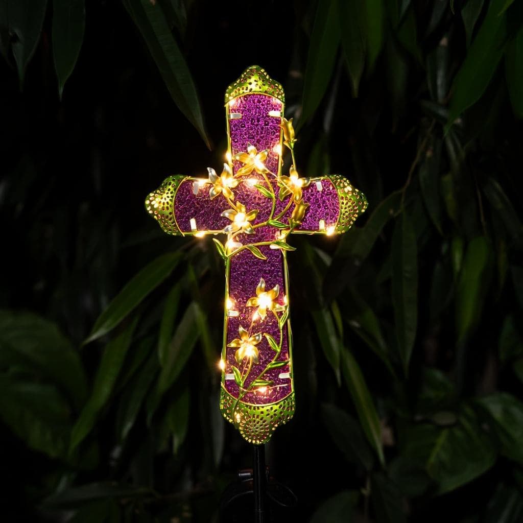 Cruz Solar para Sepultura em Cemitério, Decoração Memorial com Flores e Luz LED, Cruz Solar para Jardim, Caminho e Decor