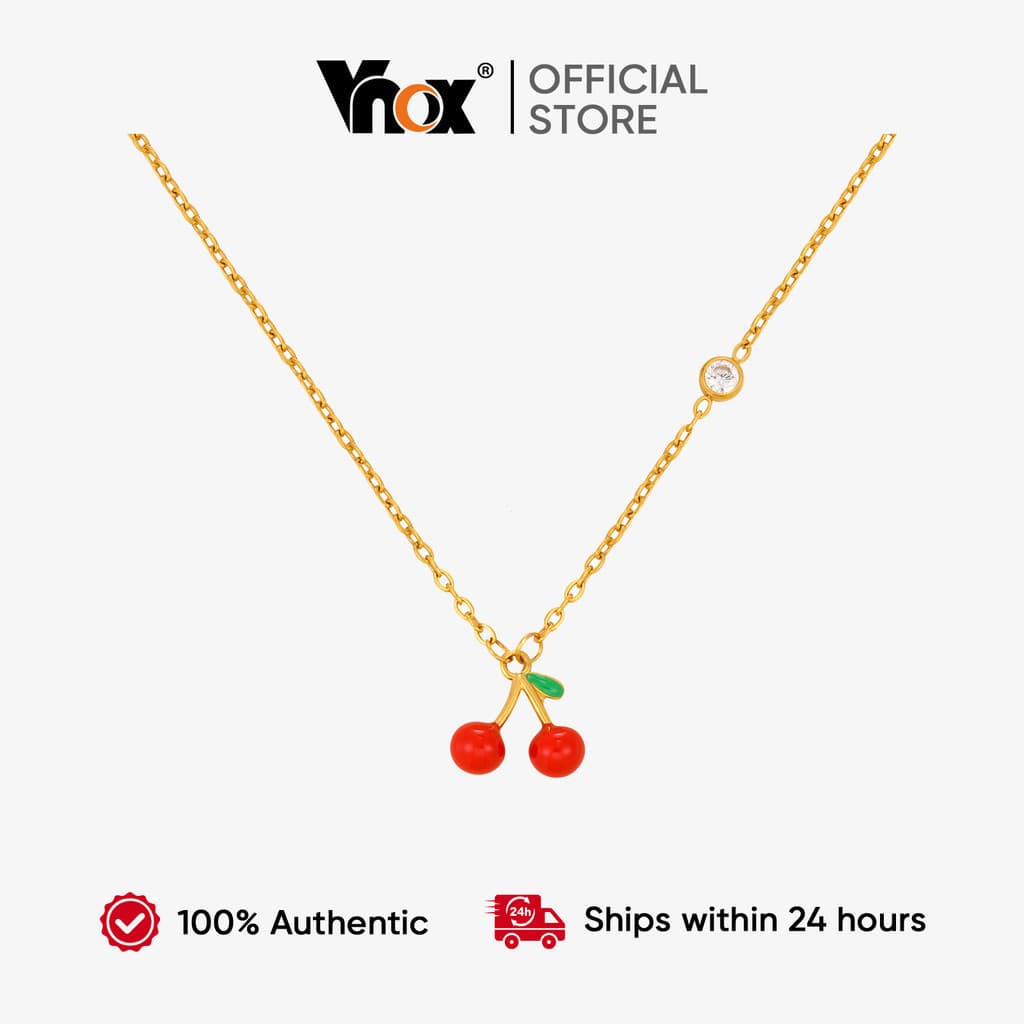 Vnox 18K Gold Plated Red Fruit Cherry Charms Necklace for Women Girl,Stainless Steel Non-fade Chain Link