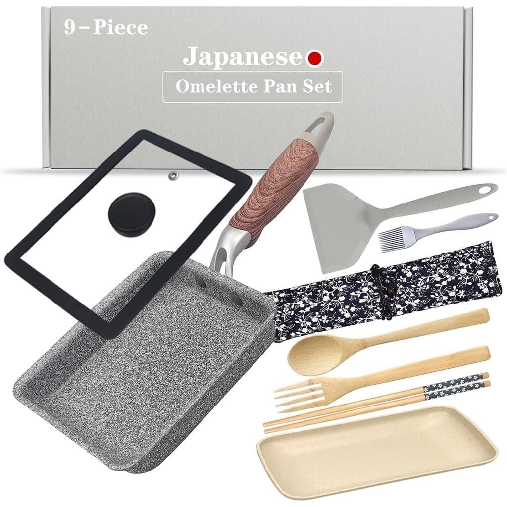 Conjunto de 9 Peças de Panela para Tamagoyaki, Panela Japonesa para Omelete Antiaderente com Tampa, Frigideira Quadrada