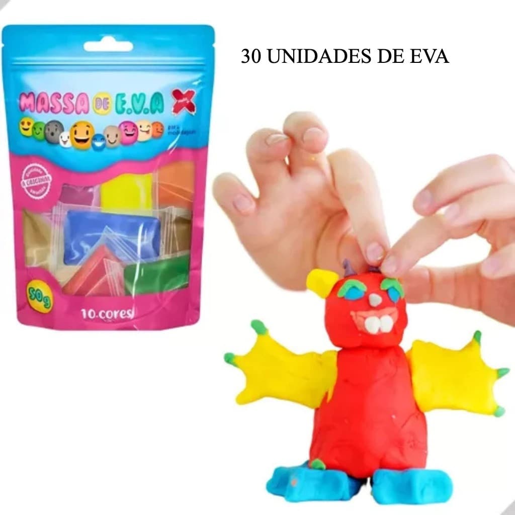 Kit 30 Massas de EVA Make+ 50g Atóxica Slime Artesanato Escolar Macia Leve Sem Sujeira
