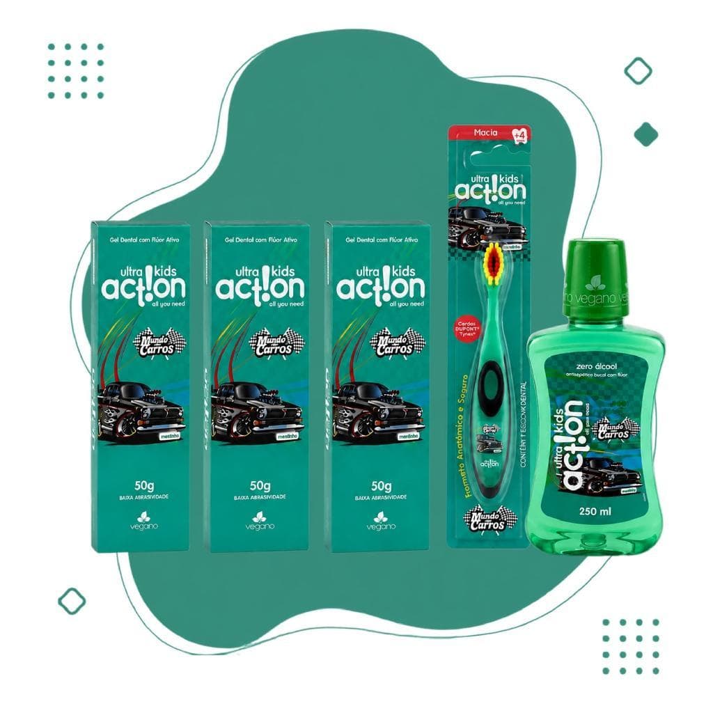 Kit 3 Gel Dental Vegano + 1 Enxaguante + 1 Escova Infantil - Ultra Action Kids - Mundo Dos Carros