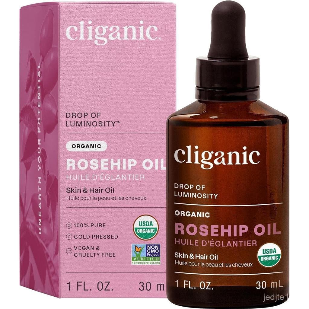 O óleo de semente de rosa mosqueta orgânico Cliganic é usado para cuidados faciais, 100% natural. |       Natural, prens