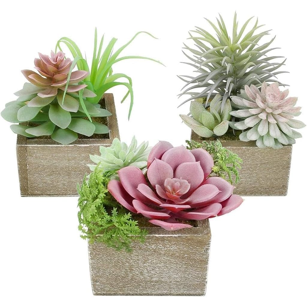 Plantas suculentas artificiais, conjunto de 3 pequenas plantas artificiais em vasos de madeira, usadas para decoração de