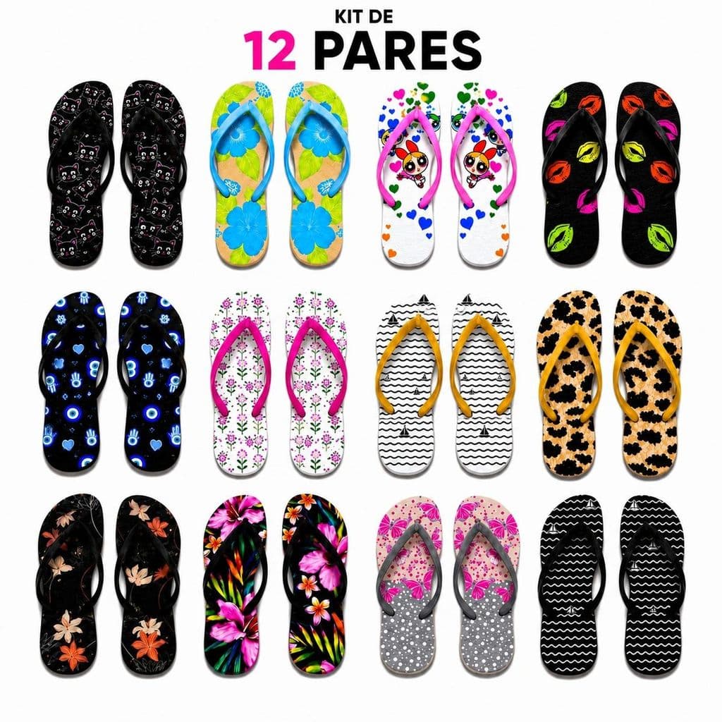 Kit 12 Pares Chinelos Femininos Estampas Variadas