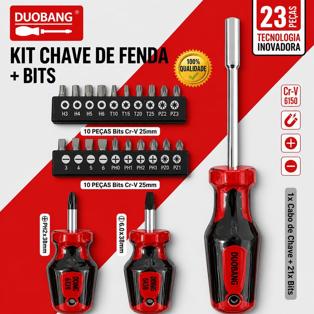 Kit 23 Peças Chave de Fenda e Phillips com Bits Magnéticos em Aço Cr-V, Ferramenta Multiuso Profissional