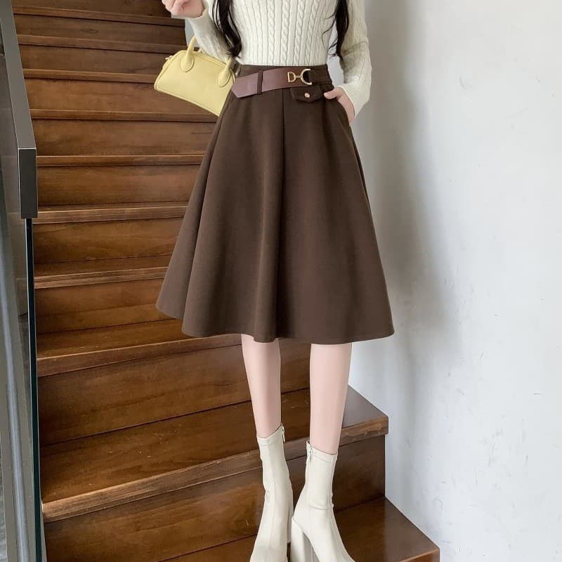 Hepburn saia guarda-chuva cor café saia de lã feminina saia de comprimento médio até o joelho saia elegante evasê alta?
