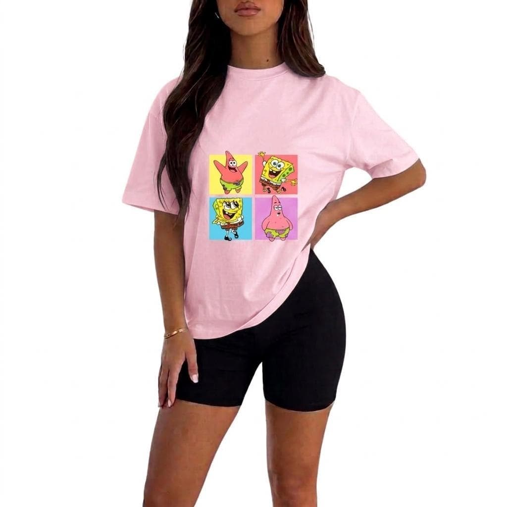 Conjunto confortável feminino,Camiseta e Short Bob Esponja e Patrick Estampa Divertida 100% Algodão Casual