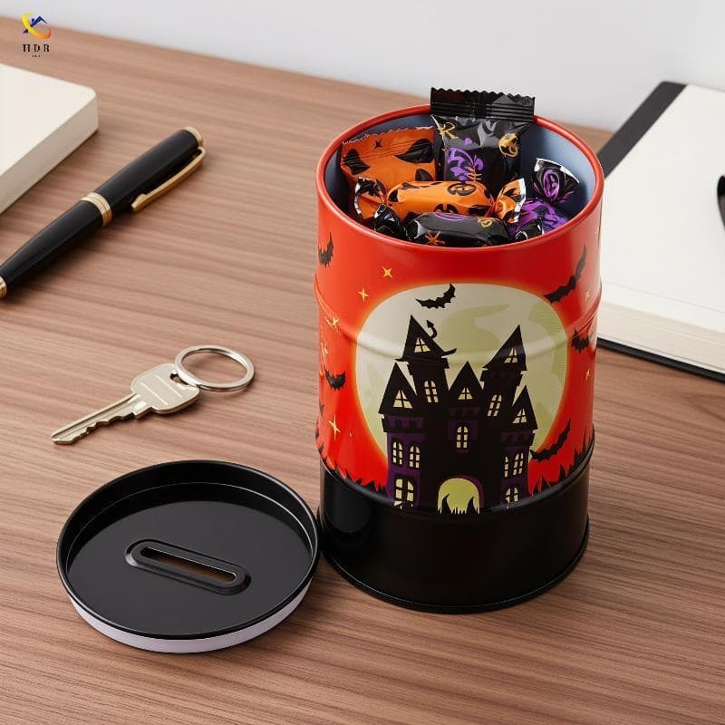 [Hdr] Cofrinho De Metal Com Estampa De Morcego Tema De Halloween , Pote Antiarranhões Para Economizar Moedas Crianças ,