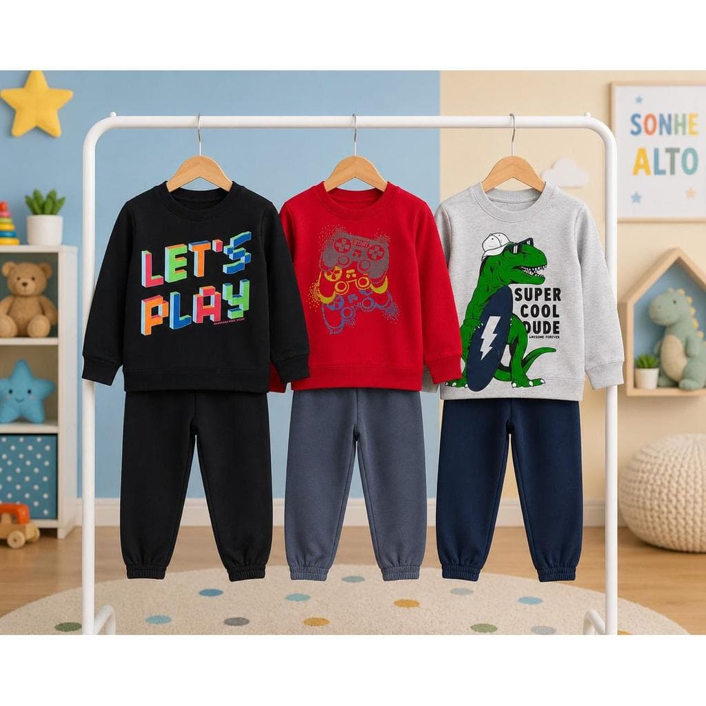 Conjunto Moletom Menino Infantil Inverno Casaco e Calça Masculino Várias Estampas Infantil 4 a 12 anos