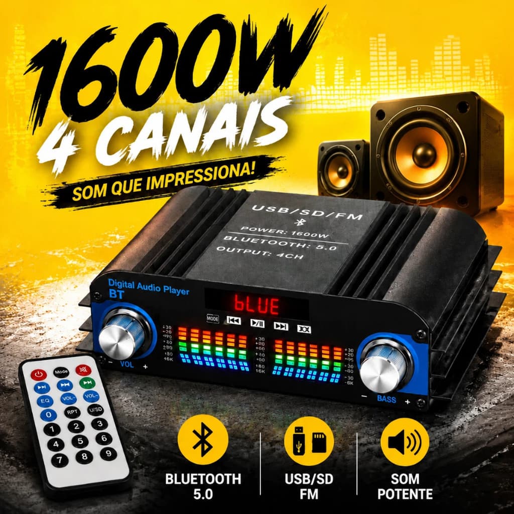 Amplificador Digital 4 Canais Bluetooth 5.0 12V USB SD FM Hi-Fi com Controle Remoto 1600W