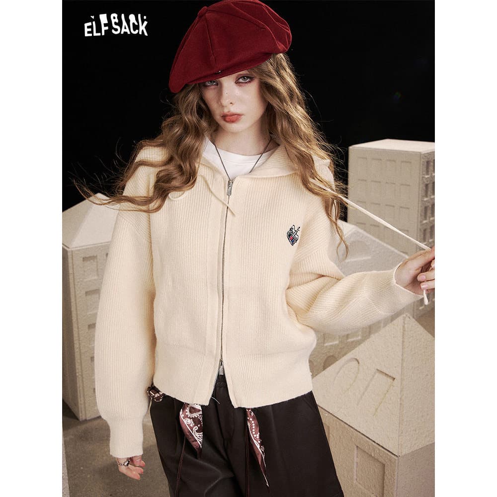 Fada bolso coroa bordado branco Casual Cardigan camisola feminina 2026 primavera outono novo estilo velho dinheiro estil