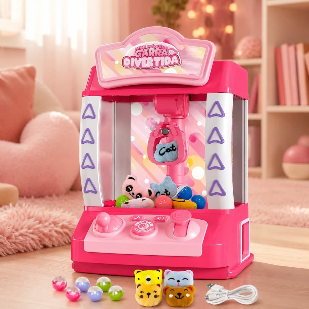 Máquina Garra Divertida Infantil – Luz e Som | 4 Pelúcias + 6 Bolinhas | Brinquedo Arcade